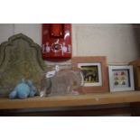 Large glass elephant paperweight with engraved mark to base together with a Persian style brass tray