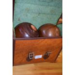 A Mitre cased set of four garden lawn bowls