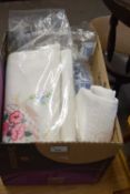 Box of assorted textiles and linens etc