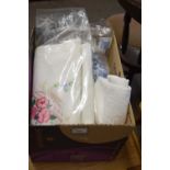 Box of assorted textiles and linens etc