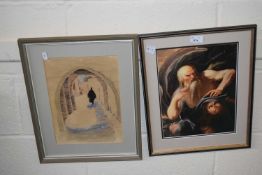 A reproduction of an Old Master study and a watercolour of a gentleman walking along a street,