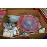 Box containing a quantity of ceramics including plates in Sevres style, glass dishes etc