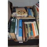 Box of books, some hard back and paper backs, travel, topographical etc