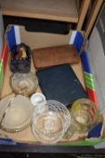 Quantity of glass wares including plated coaster and European painted bottle on blue glass ground