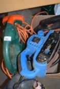 A Challenge electrical hedge cutter, a Clarke sander, a Black & Decker saw and other tools