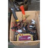 Quantity of assorted items to include garden tools, jump leads, horse shoes and other items