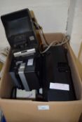Box containing quantity of old camera equipment and viewers