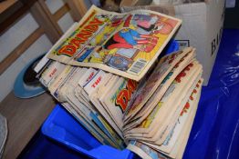 Plastic box containing quantity of comics, mainly Dandy and Beano from the early 1990's