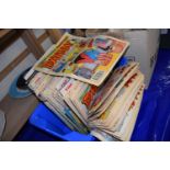 Plastic box containing quantity of comics, mainly Dandy and Beano from the early 1990's