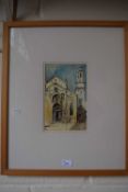 Continental Church scene by Andrew Wade dated 81, framed and glazed