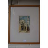 Continental Church scene by Andrew Wade dated 81, framed and glazed