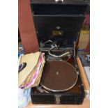 An HMV wind up gramophone Model 101 and a quantity of records