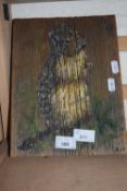 Wooden panel with a painted figure of a squirrel