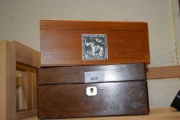 Two boxes containing wooden elephants and further jewellery box
