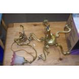 Five branch electric ceiling lamp together with a single swan necked brass wall lamp with pink and