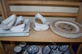 Group of ceramic trays with painted fruit designs and set of Spode plates