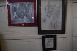Three pencil sketches, framed and glazed