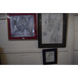 Three pencil sketches, framed and glazed