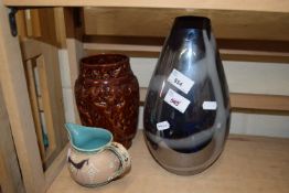 Chrome effect glass vase, pottery vase and a jug
