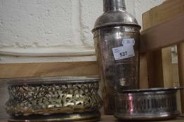 Quantity of silver plated wares including large coaster, cocktail shaker etc