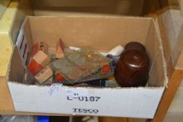 Box of various mixed coinage, clay pipe and other assorted items