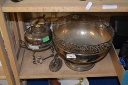 Mixed Lot: Silver plated spirit kettle, large rose bowl and other items