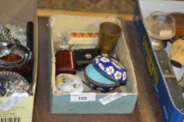 Box of various assorted small items to include a Cloisonne box, a small mother of pearl mounted coin