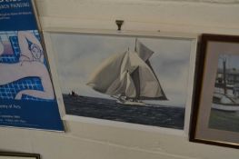E Hindes, study of The Yacht Suzanne, oil on board set in a white finish frame