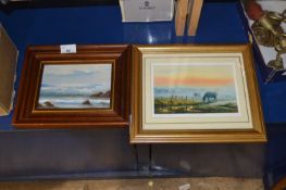 Adrian Wincup coloured print Dray Horses, Southwold together with a contemporary seascape study, oil