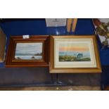 Adrian Wincup coloured print Dray Horses, Southwold together with a contemporary seascape study, oil