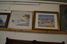Mountainous landscape, watercolour, framed and glazed together with a Mediterranean view of a