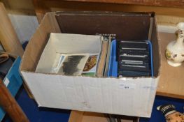 Box of various glass photographic slides, various cards, ephemera etc