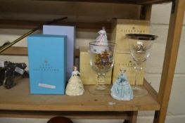 Mixed Lot: Small Coalport figures, Royal commemorative goblets etc