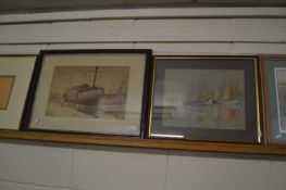 Cargo ship at harbour, pastel on paper, framed and glazed together with boats moored on a river,