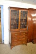 Mahogany glazed bookcase with two short and three long drawers with panel glazed doors above, 97cm