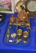 Mixed Lot: Copper and brass spirit kettle, trivet, pair of brass vases and other items