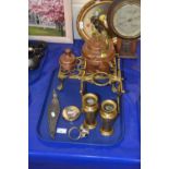 Mixed Lot: Copper and brass spirit kettle, trivet, pair of brass vases and other items