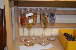 Set of six contemporary champagne flutes decorated with scenes after Gustav Climt