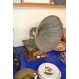 Vintage hardwood cased gramophone with metal horn