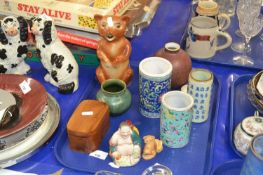 Tray of mixed items to include Chinese cylindrical vases, various other vases, wooden box and