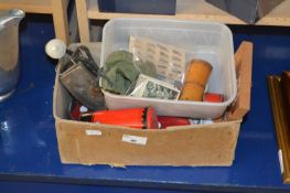 Box of various mixed items to include porcelain dolls tea set, post money box, vintage iron, dice