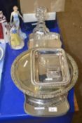 Mixed Lot: Silver plated trays, serving dish and a cut glass decanter