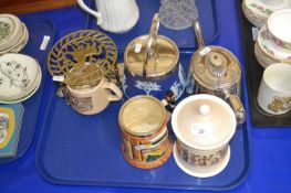 Mixed Lot: Jasper ware biscuit barrel with silver plated mount, silver plated teapot, tankard,