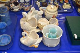Tray of mixed items to include swan shaped planters, various vases, Yardley jar etc