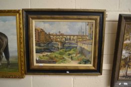 Italian view of a bridge, oil on canvas, framed and glazed