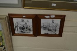 Two framed tile pictures, launching a boat and reed cutting