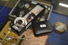 Mixed Lot: Small silver mounted pocket knife, reproduction seal top spoon, vesta case, lilypad