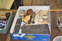 Box of various items to include button hooks, snuff bottle, vintage pens etc