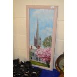 Contemporary oil on board study of a cathedral scene with cherry tree in foreground, framed