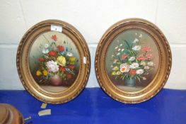 A pair of contemporary oval studies of flowers, oil on board, gilt framed
